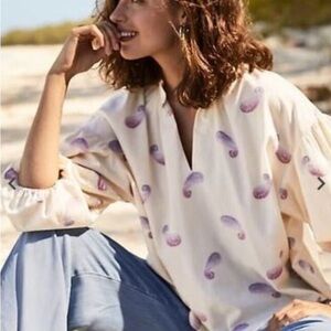 J. Jill Cream and Purple Paisley Blouse Boho Like New Medium Hippie Coastal Chic